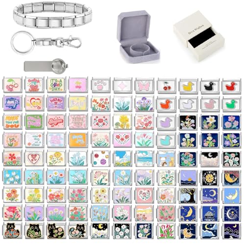 papasgix Custom Italian Charm Bracelet Charms Silver Set 10 Personalized Stainless Steel Charm Brascelets 9mm Assorted Italian Charms Bracelet Links Handmade DIY Jewelry Flowers Words Moon Pink