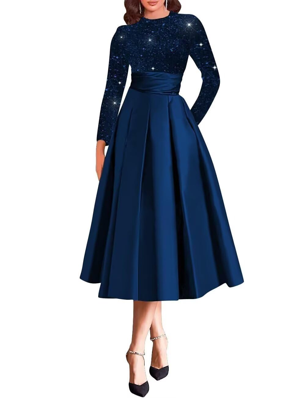 Sparkly Sequin Wedding Gown Long Sleeve Tea Length A Line Formal Dress Mother of The Bride Dresses for Women