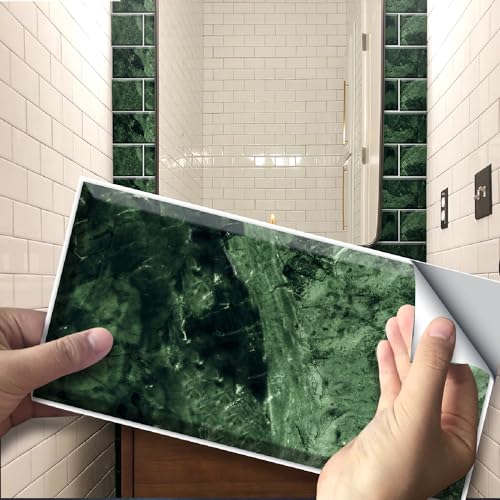 Neukids 27pcs Green Emerald Marble Tile Stickers, Peel and Stick Kitchen Splashback