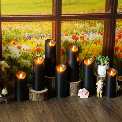 Image of kakoya Flickering Flameless Candles, Battery Operated Plastic LED Pillar Candles with Remote Control and Timer, Set of 24 (Black)