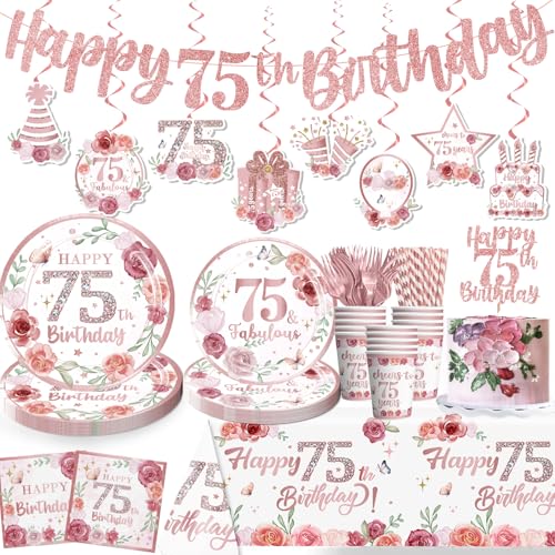 Yingoto 170pcs 75th Birthday Decorations for Women Tableware Set, Fabulous 75th Birthday Plates and Napkins with Tablecloths Cups Cake Topper Floral 75th Birthday Decorations Serve 25