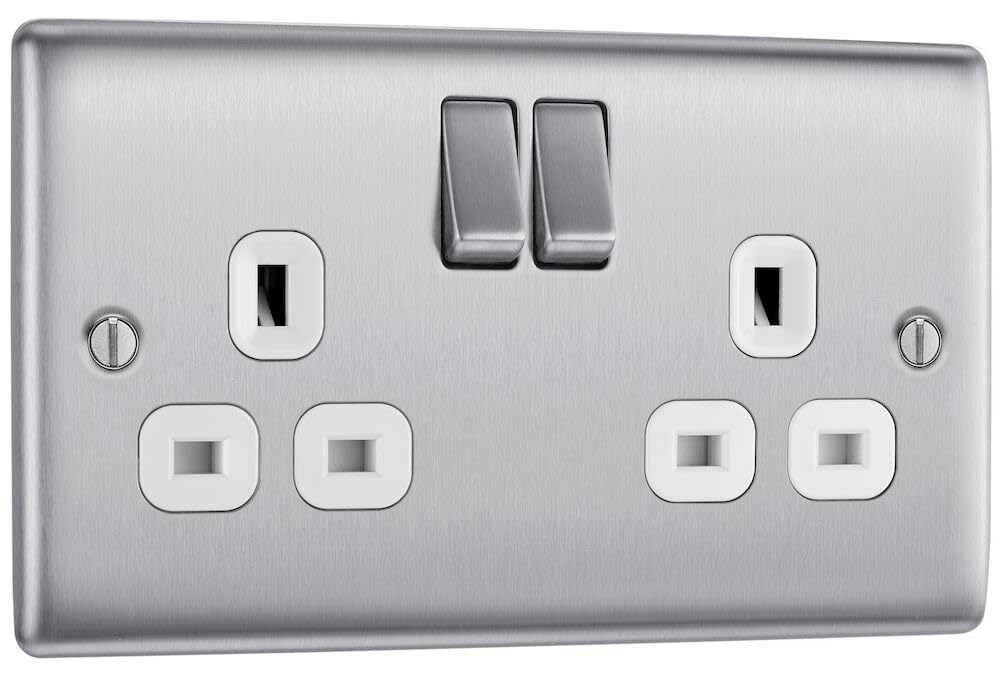 BG Electrical NBS22W-01 Double Switched Power Socket with White Inserts, Brushed Steel, 13 Amp