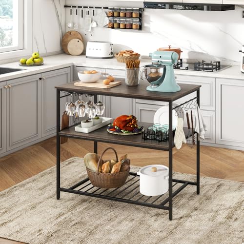 GOFLAME Kitchen Island with 3 Shelves, Industrial Kitchen Counter with Wine Glass Holders & 10 Hooks, 3 Tier Shelf with Heavy Duty Metal Frame for Kitchen, Dining Room, Grey + Black - Image 3