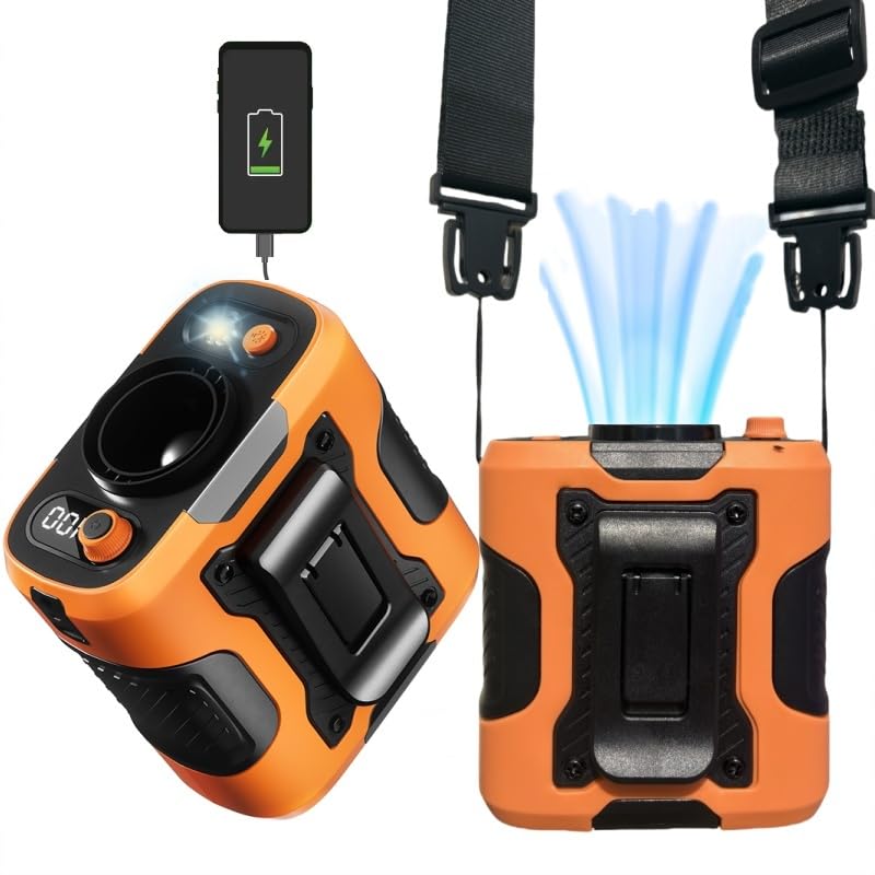 Portable Rechargeable Waist Fan with 100 Speeds & LED Flashlight, Hands-Free Wearable Belt Fan for Outdoor, Camping, Travel, AI energy-saving battery