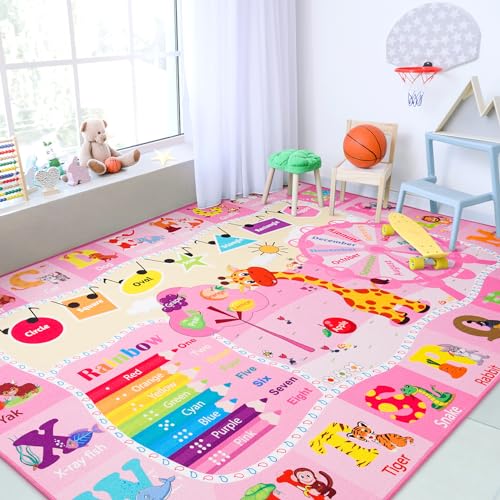 Chicrug Educational Kid Area Rug for Playroom, 4×6 Feet TPR Non Slip Kids Classroom Carpet Rug for Learning ABC Animal, Shape Color Fruit, Washable Play Mat Rug for Children Nursery Toddler Room Decor