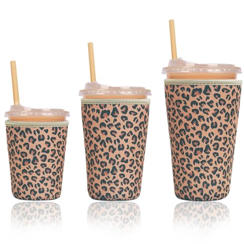 Image of Reusable Insulated Sleeve for Iced Coffee Cup, 3-Pack Coffee Neoprene Drink Sleeve for Cold & Hot Drinks, Beverage Holder for Iced Coffee (Brown Leopard)