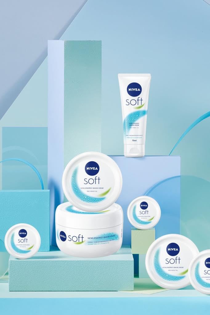 NIVEA Soft Krem 300ml, Nemlendirici Bakım Kremi, Yüz, Vücut, El, Jojoba Yağı ve E Vitamini ile Cilt Bakımı ve NIVEA Kadın Sprey Deodorant Fresh Natural 150ml, ve NIVEA Soft 75 ml, El Kremi