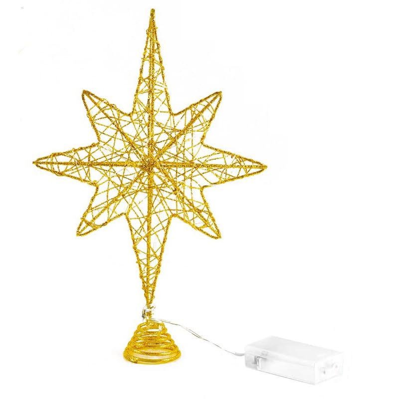 13.5 Inch Gold Glitter Christmas Tree Topper Hollow Star with 20 Warm White LED Lights Battery Powered Lighted Tree Topper for Easy Setup Reusable Metal Angel Topper & Holiday Decorations