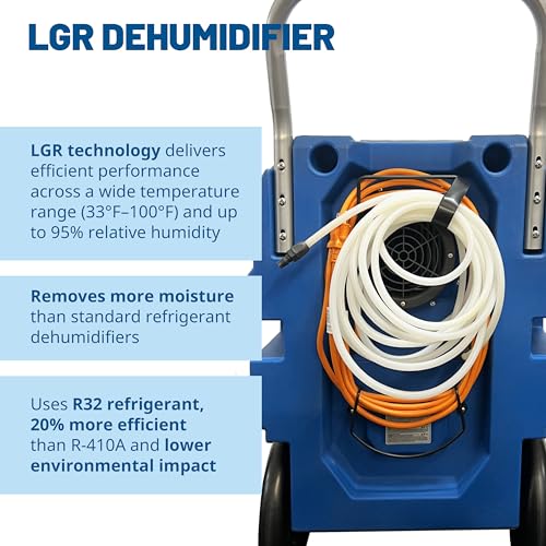 Image of BlueDri BDX-150 175PPD Industrial Commercial LGR Dehumidifier with 25-Foot Drain Hose for Job Sites, Coverage area of 15,000 Cubic Feet, Water Damage Restoration Equipment, Blue