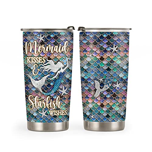 20oz Mom Coffee Tumbler, Mother Gifts, Grandma Gifts, Coffee Thermos for Women, Jewelry Crystal Mermaid Kisses Starfish Wishes Tumbler Cup, Stainless Steel Insulated Travel Coffee Mug with Lid
