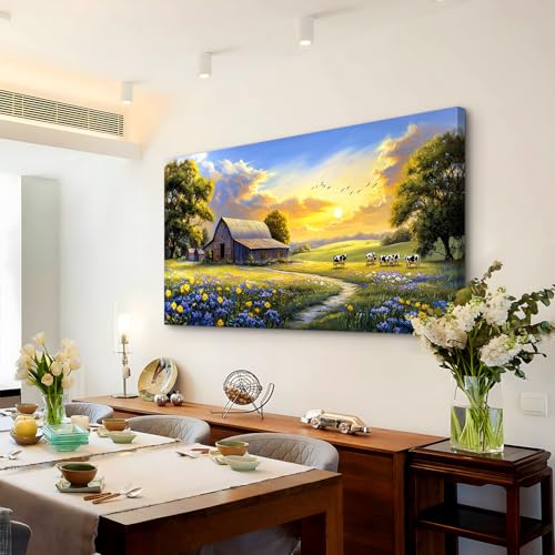 crmotu Farmhouse Wall Art, Landscape Wall Art, Large Wall Decor, Spring Nature Painting Canvas Prints, Rustic Sunset Oversized Artwork, Country Pictures for Living Room Dining Room Cottage Farm 30X60 In