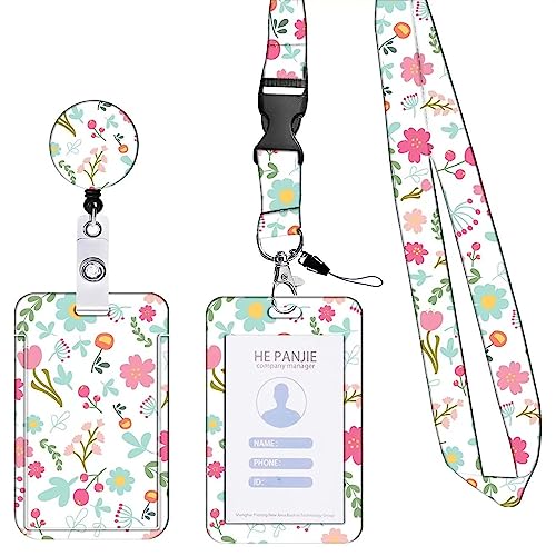 Badge Holder with Lanyard,Lanyard with Card Holder Lanyards for Neck ID Badge Holder Lanyard-Fashionable ID Card Holders with Badge Reels Retractable Badge Holder Neck Strap with Card Holder (Flower)
