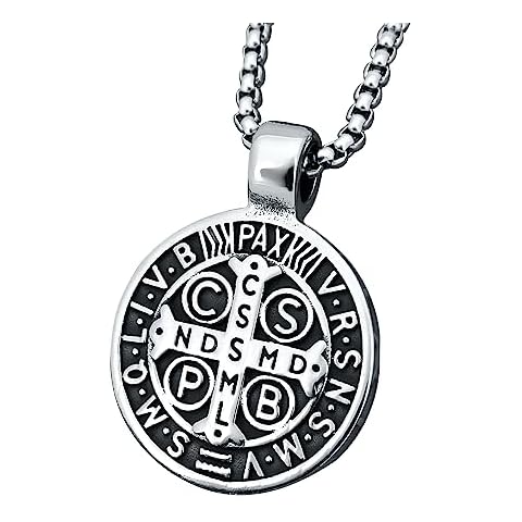 enhong Mens Stainless Steel St Benedict Medal Necklace,Silver Catholic Medalla Cross Demon Protection Roman Exorcism Pendant Ghost Hunter 22 Inch Cover