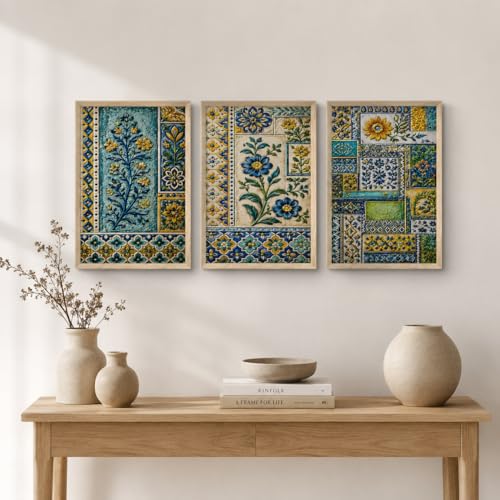 Image of Livin'luxe Set of 3 Blue Yellow Floral Tile Wall Paintings for Living Room Dining Bedroom Home Decor with Premium Wooden Color Synthetic Frame (25.5 x 19.5 Inch) NM03-70