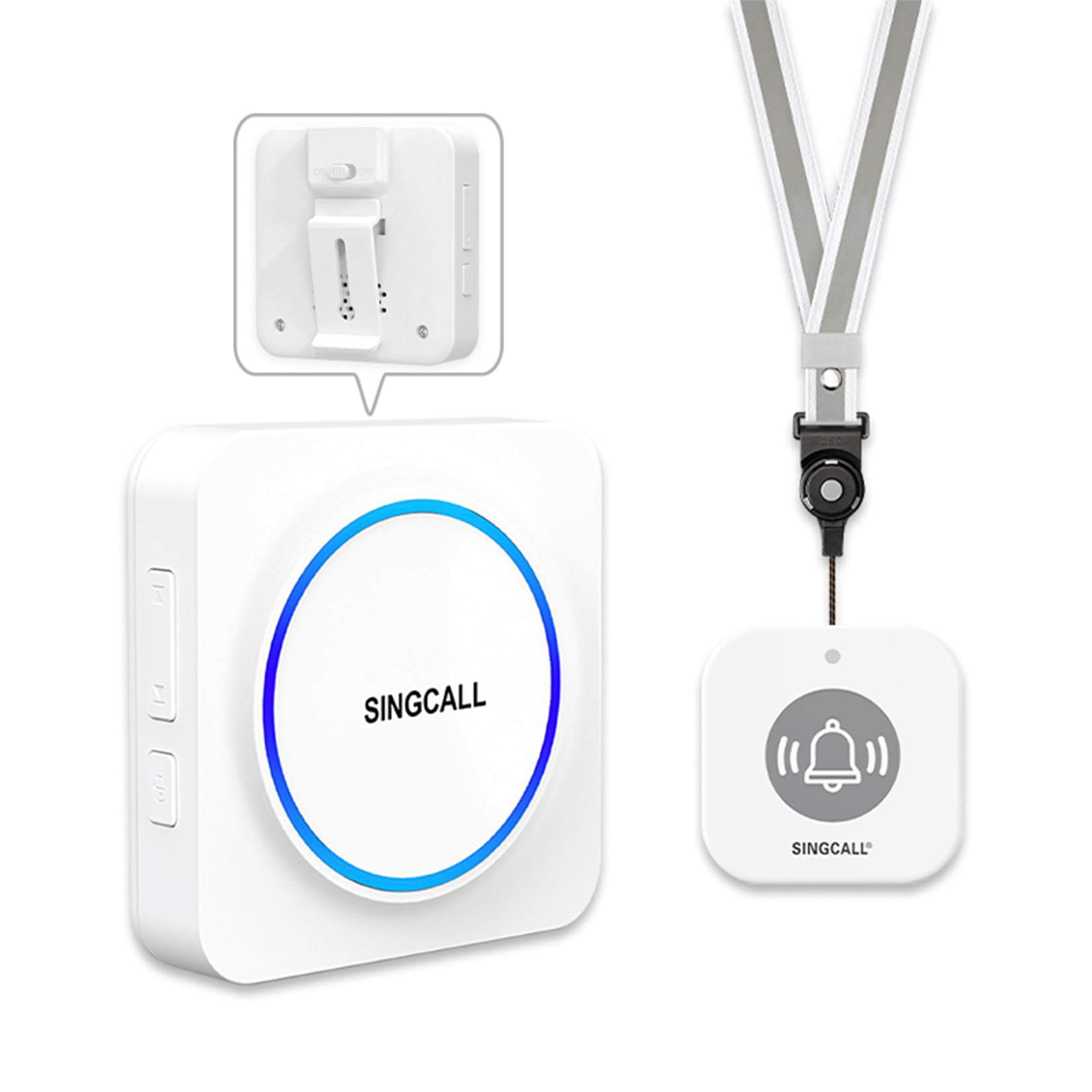SINGCALL Botón Emergencia Ancianos Portátil con Llamada SOS Avisador Personas Mayores Alarma Movil Inalambrica Alarma Panico para Pacientes, 32 Melodías, Volumen 0-100dB, 1 Receptor Portátil + 1 Botón