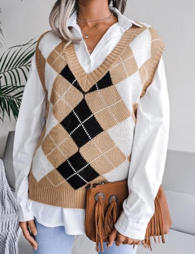 Kinghua Knit Sweater Vest Women Fall Fashion Casual V Neck Sleeveless Sweaters Checkered Y2k Cute Vest Tops3
