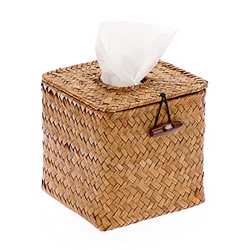 BTSKY Caja de pañuelos facial cuadrada de hierba marina para el hogar, soporte de papel de mimbre tejido decorativo para cocina, baño, oficina y hotel, caramelo