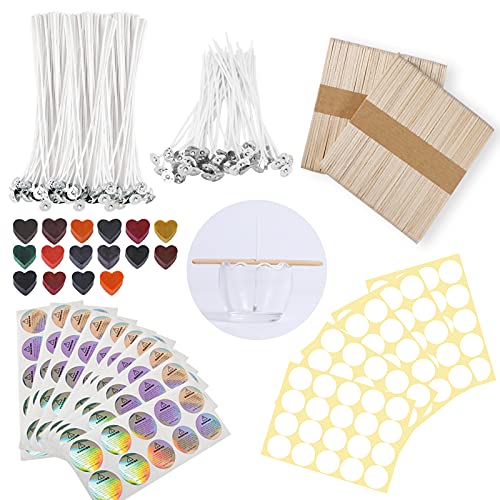 Bulk Candle Wicks with Candle Wick Stickers, Candle Wick Centering Device, Candle Warning Labels and Candle Dye, Practical Basic Candle Making Kit for Soy Beeswax Candle Making (6inchï¼Œ4inch)