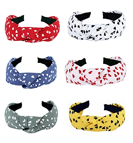 Valentine's Day Knot Headbands for Women 6 Pack Heart Print Hair Bands Ladies Headbands Elastic Love Hair Hoops Fashion Heart Shape Pattern Girls Hair Accessories