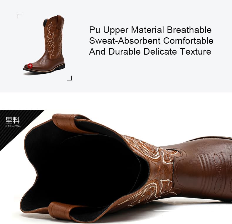 Men'S Leather Round Toe Block Heel Cowboy Boots Classic Embroidered Slip On Chunky Heel Men'S Western Mid Calf Boots2