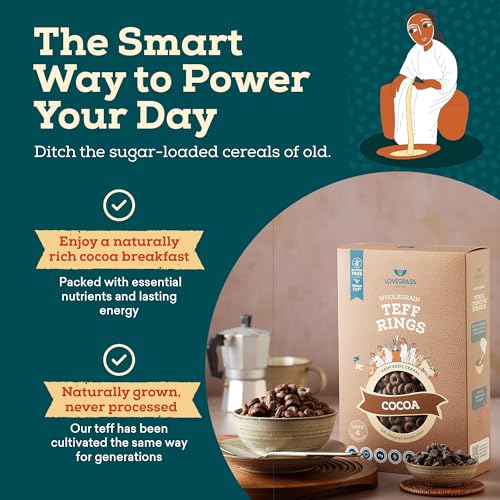 Lovegrass Ethiopia Cocoa Teff Rings | Award Winning Healthy, Whole Grain Breakfast Cereal 350g | Gluten Free | Vegan, High Protein, Fibre, Vitamins & Minerals | No Artificial Sugar