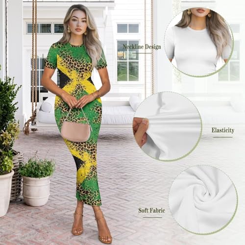 Image of Womens Short Sleeve Jamaican Flag Midi Bodycon Dress