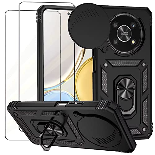 NEINEI Funda para Magic 4 Lite/Honor X9 4G/5G con 2 Vidrio Templado,Funda con Protección de la Cámara,Militar Carcasa Caso con Magnético y Soporte Outdoor Proteccion Case Cover,Negro Cover