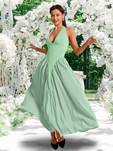 Image of ChiaoLezhee Deep V Neck Dress, Halter Maxi Dresses, Vacation Date Night, Sexy for Women Corset Flowy Wedding Guest Drop Waist