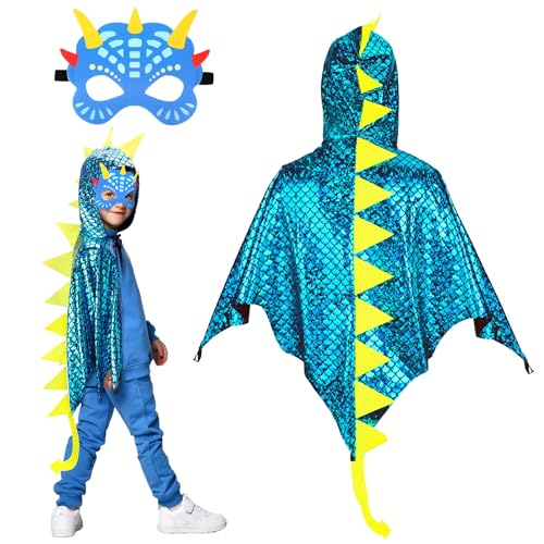 Landifor 2pcs Dinosaurio Disfraz Capa Dinosaurio Niño Dinosaurios Niño Cosplay Máscara Capa con Dragón para Niños Fiesta Idea Regalo Carnaval Disfraz