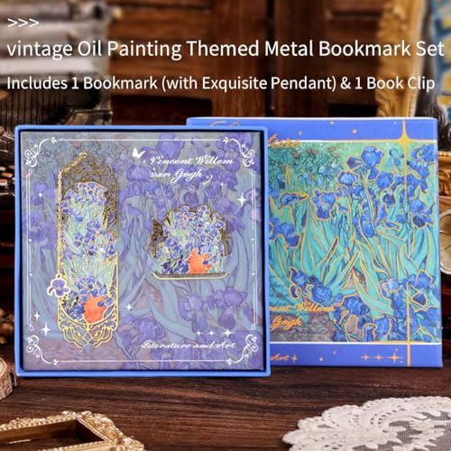 Image of Bookmark Gift Set of 2 Metal Bookmark and Page Clip, Artistic Floral Iris Embossed Hollow Design with Chain Charm, Premium Book Marker Gift for Readers, Students, Women and Men