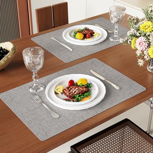 DOLOPL Placemats Set of 6, Faux Leather Heat Resistant Place Mats for Dining Table, Waterproof Oilproof Wipeable Washable Table Mats, Easy to Clean Anti-Slip Tablemats for Kitchen Party, Outdoor, Gray