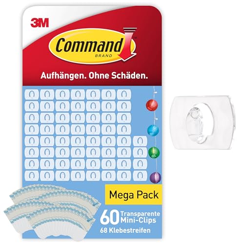 Command Dekorations-Clips Vorteilspack mit 60 Minihaken und 68 Kleinen Klebestreifen - Clips für Dekoration und Lichterketten - Dekorieren ohne Löcher und Bohren
