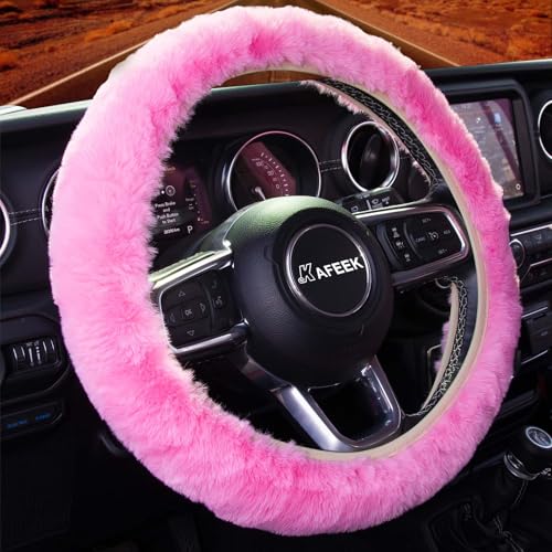 KAFEEK Fluffy Steering Wheel Cover 15 inch Soft Fuzzy Steering Wheel Cover for Winter Warm Anti-Slip Comforting and Luxurious Pink