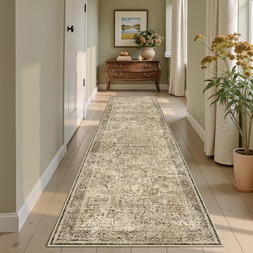 2x8 Runner Rug Washable Vintage Neutral Indoor Hallway Carpet Non Slip Brown Bedroom Low Pile Kitchen Distressed Long Retro Accent Throw Rug for Bathroom Dining Laundry Living Room