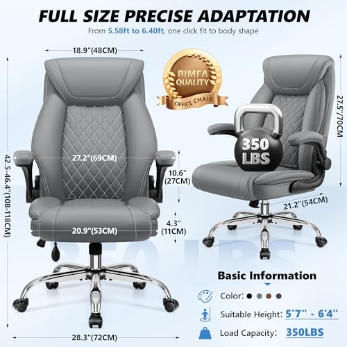 Image of BestGlory Executive Office Chair with Lumbar Support, Big and Tall Ergonomic Computer Desk Chair, Leather Comfy High Back Gaming Chair with Flip Up Arms & Rocking Function for Home Office, Gray