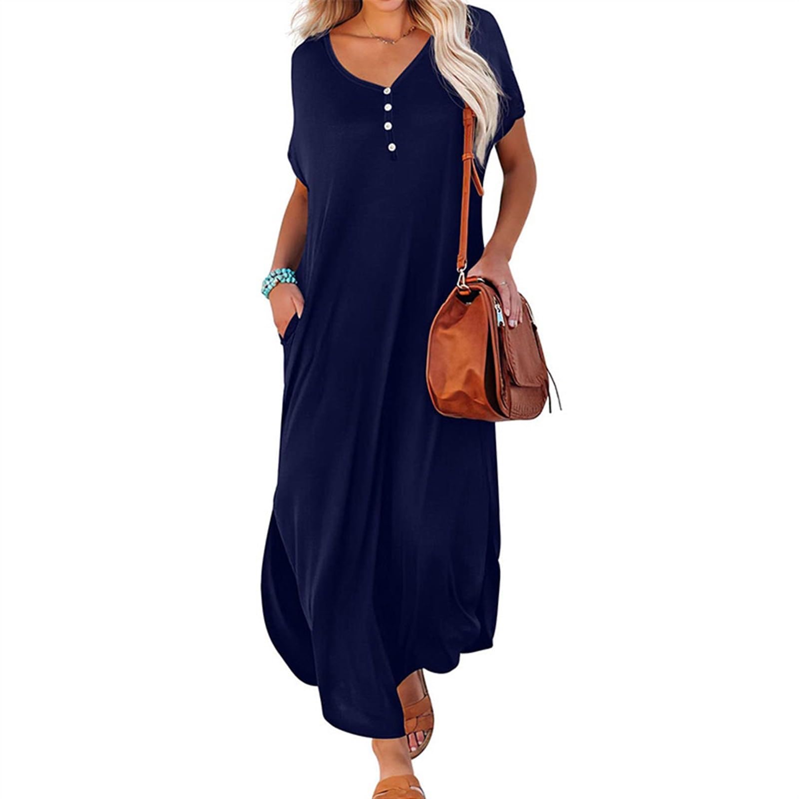 CISU Camicie da Notte in Viscosa di bambù for Donna, Maniche Corte, Scollo a V, con Tasche(Style 8,S