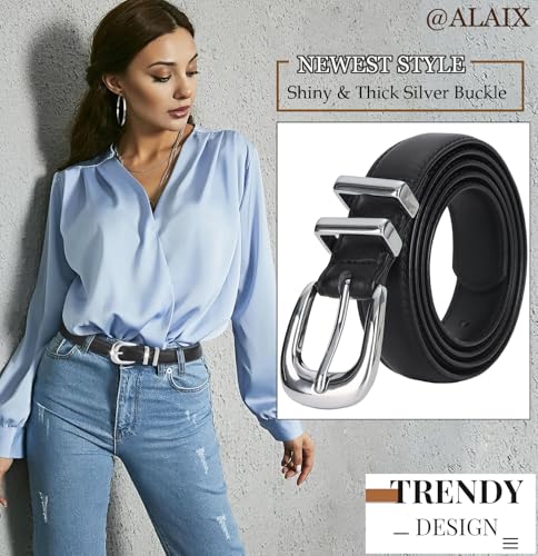 ALAIX Women's Leather Belt for Jeans Pants Dress Black Leather Belt with Gold/Silver Buckle Fashion Jeans Belts for Women2