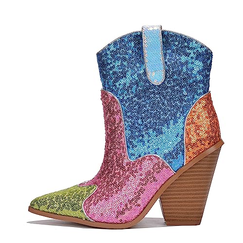 Prida Mid Block Western Sequin Ankle Booties (Prida)