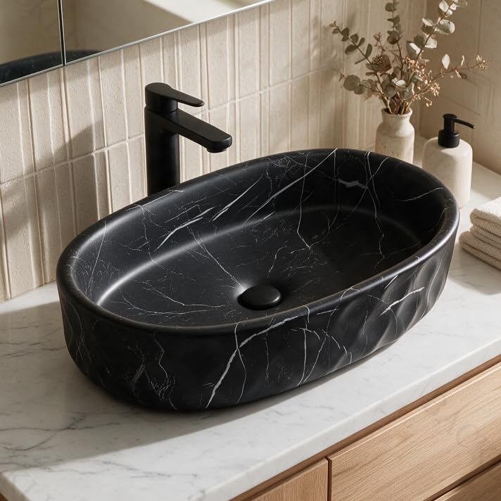 Image of Backline 20x13x5.5 Inches Table Top Wash basin | Basin for Bathroom | Countertop Basin For Bathroom /Restaurant /Dining Hall /Living Room (Black Matt)
