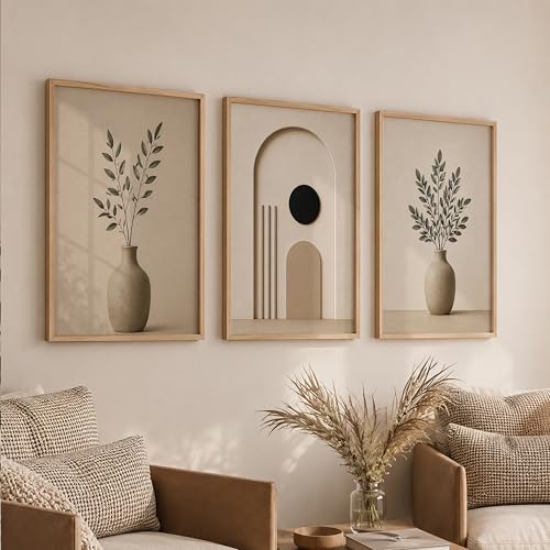 Image of TheMakerly Set of 3 Japandi Botanical Wall Art Paintings for Living Room | Minimalist Neutral Beige Wall Decor | Modern Scandinavian Wall Paintings for Bedroom, Office, Hall & Home Decoration (10x13 Inches)