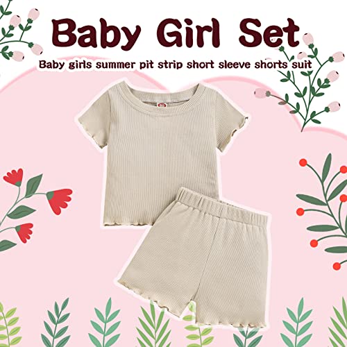 Image of Toddler Girl Clothes Summer Outfit Short Sleeve Shorts Set 12M-5T | Soft ribbed knit toddler girl outfit with breathable fabric, ruffle top, comfy shorts and stretchy fit for summer daily wear.