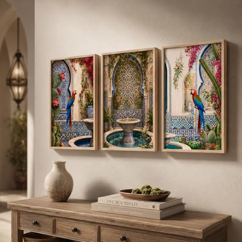 Livin'luxe Set of 3 Moroccan Courtyard Parrot Wall Paintings for Living Room Dining Bedroom Decor with Premium Wooden Color Synthetic Frame (13.5 x 19.5 Inch) NM03-81