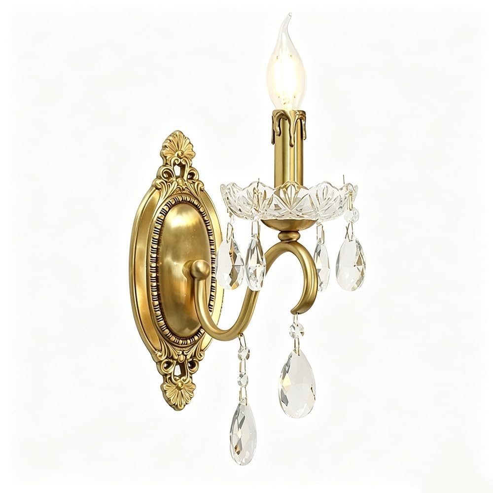 LYOUAE French Country Brass Wall Sconce Retro Candle Crystal Wall Light Vanity Light
