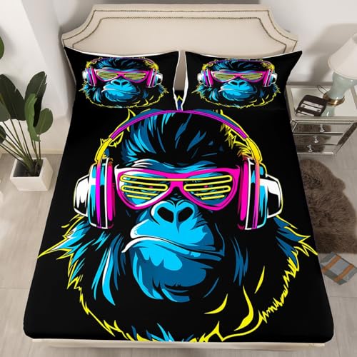 Erosebridal Gorillas Lençol de cama musical masculino para meninos, animais selvagens, com óculos de sol, lençol de elástico estilo hippie hip hop para crianças e jovens, capa de cama respirável, tamanho duplo