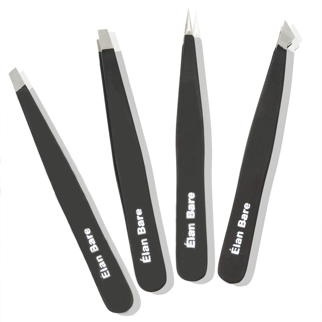 Tweezers Set 4-piece-Stainless Steel Slant Tip & Sharp Pointed Eyebrow