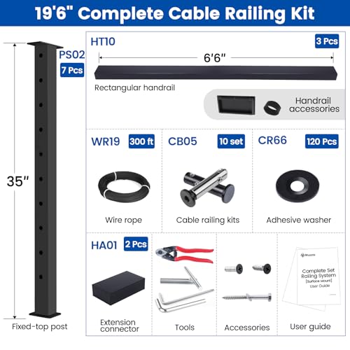 Muzata 13'-19'6" Black Complete Cable Railing Kit 36 Inch Cable Railing System for Decks with Post Handrail Length Adjustable Easy DIY with User Guide Complete Set RCS2 BH4S