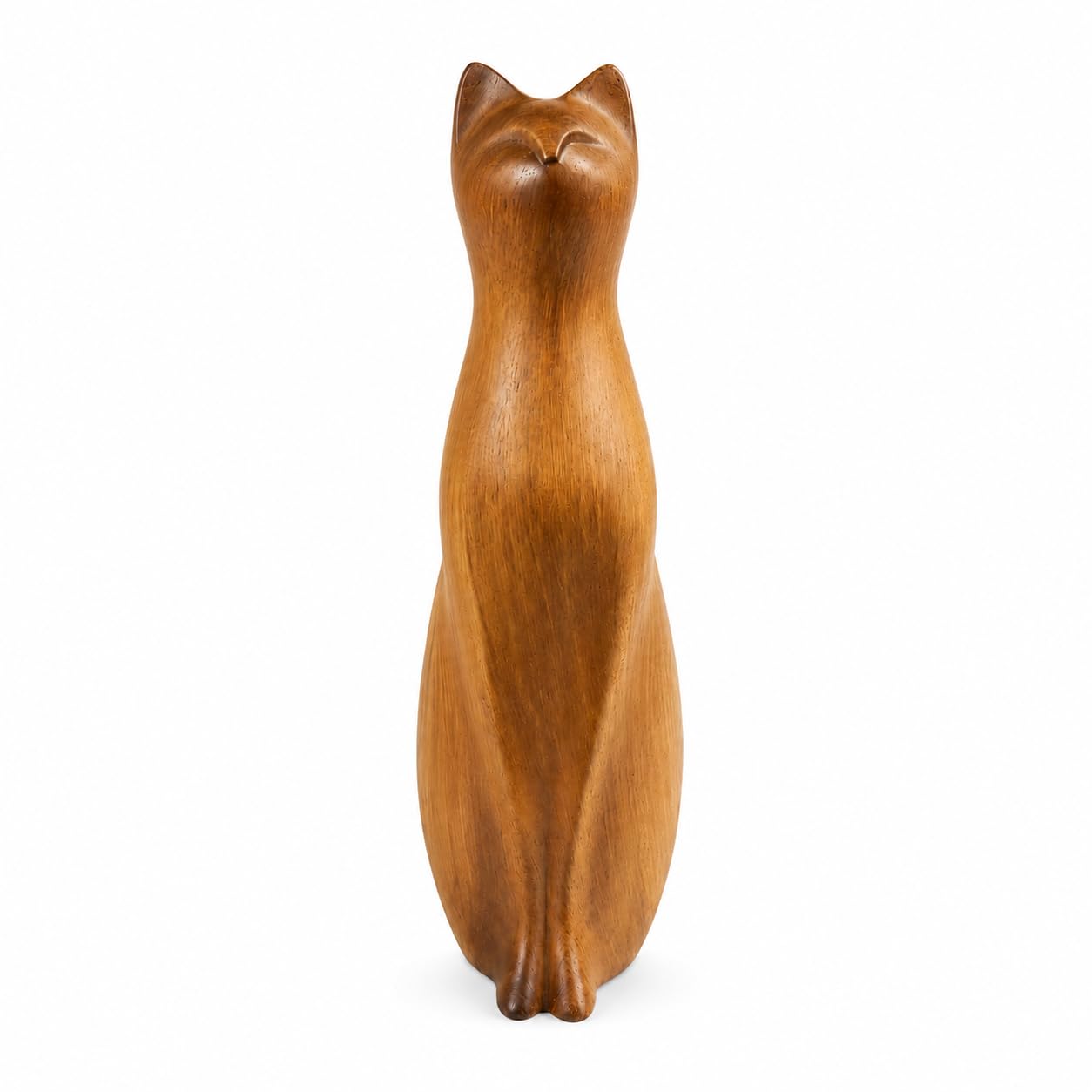 Statuette chat assis finition bois lisse, objet d'art raffiné 20cm