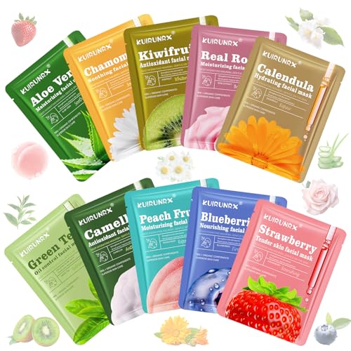 KUIRUNRX® 10 Piezas Mascarilla Facial, Daily Care Mascarilla Facial, Frutas Mascarillas Faciales, Mascarilla Hidratante Adecuada para Diferentes Pieles, Kit de Mascarilla para Mujer