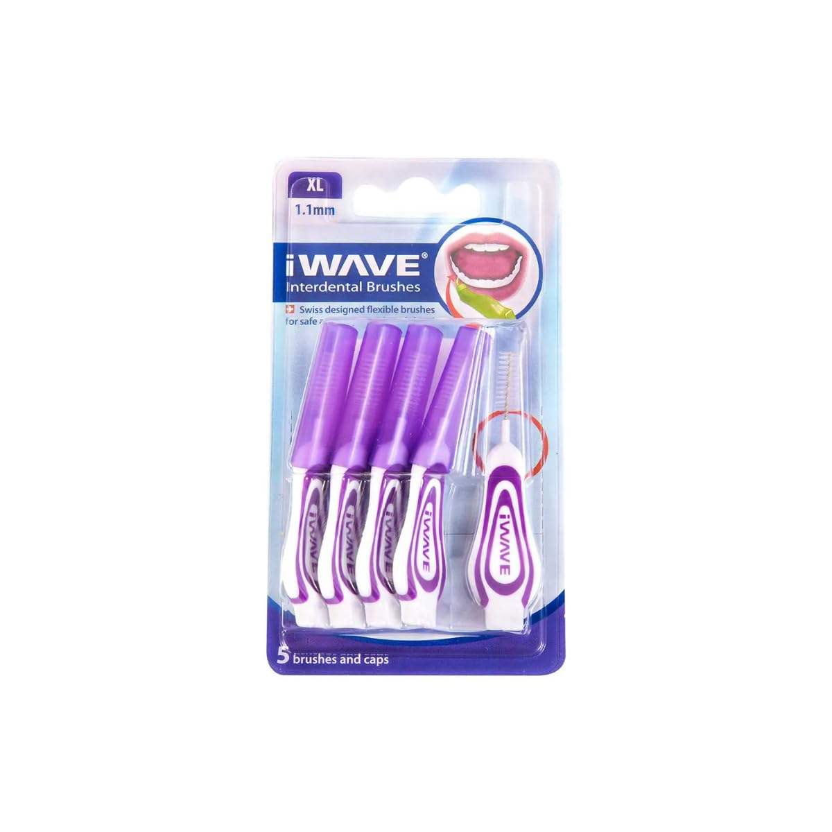 iWave Interdental Brushes Fine Size 1.1 mm Purple Pack of 5 – Interdental Cleaning Brushes for Total Teeth Cleaning Plaque Removal Tool