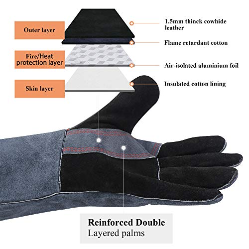 Rapicca Welding Gloves 16 Inches,662℉,Heat Resistant Leather Forge/Mig/Stick Welding Gloves Heat/Fire Resistant, Mitts For Oven/Grill/Fireplace/Furnace/Stove/Pot Holder/Bbq/Animal Handling-Grey #TOP3